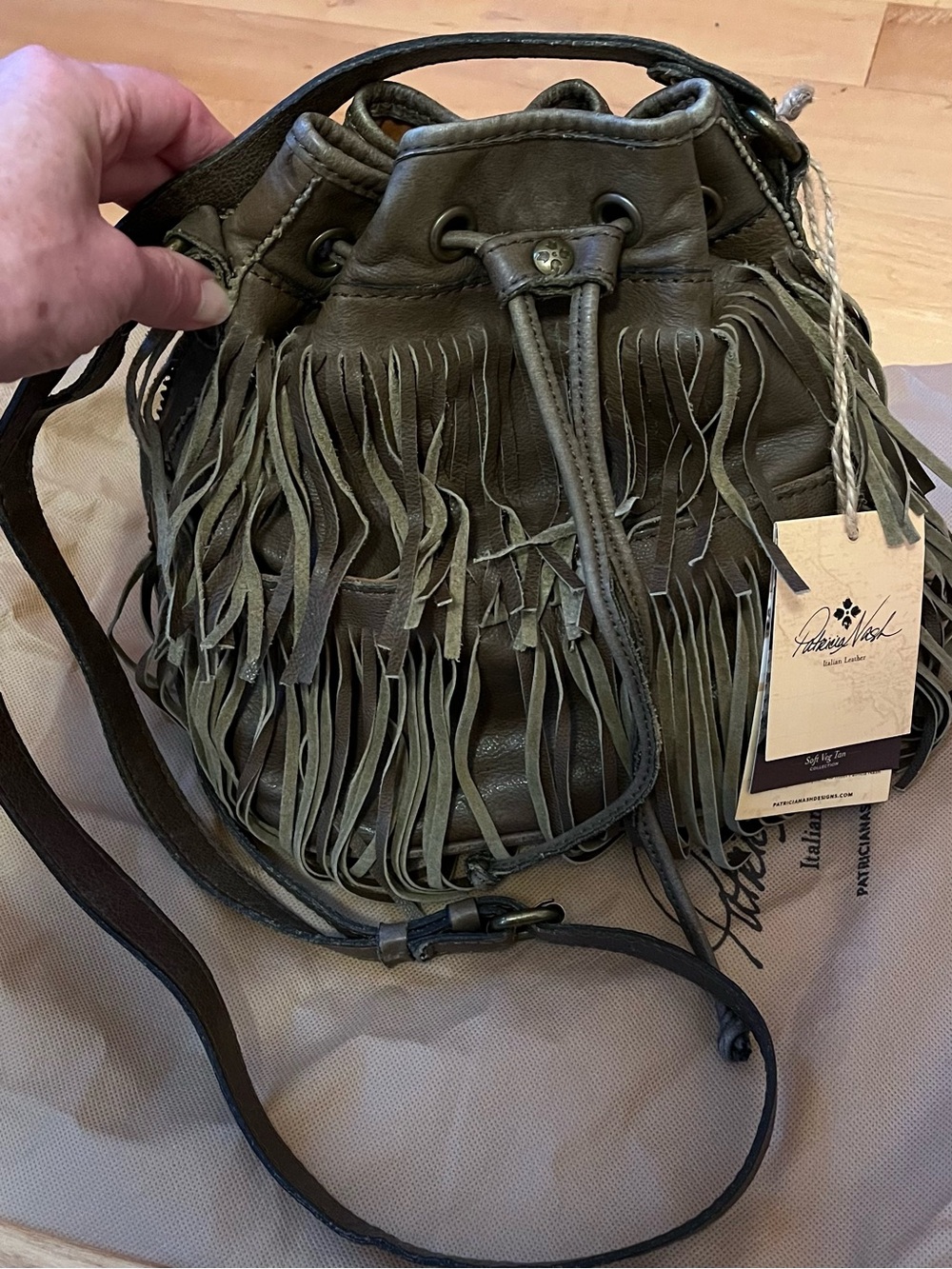 Olive Green Leather Fringe Bucket Bag